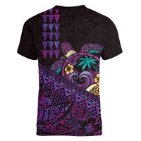 Hawaiian Abstract Sea Turtle Women V-Neck T-Shirt Polynesian Tapa Art and Kakau Tattoo Purple WaterColor - Polynesian Pride