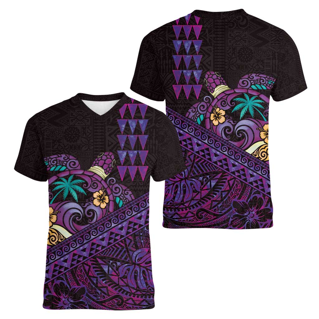 Hawaiian Abstract Sea Turtle Women V-Neck T-Shirt Polynesian Tapa Art and Kakau Tattoo Purple WaterColor - Polynesian Pride