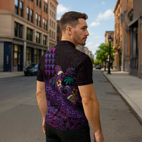 Hawaiian Abstract Sea Turtle Zipper Polo Shirt Polynesian Tapa Art and Kakau Tattoo Purple WaterColor - Polynesian Pride
