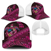 Hawaiian Abstract Sea Turtle Baseball Net Cap Polynesian Tapa Art and Kakau Tattoo Pink WaterColor - Polynesian Pride