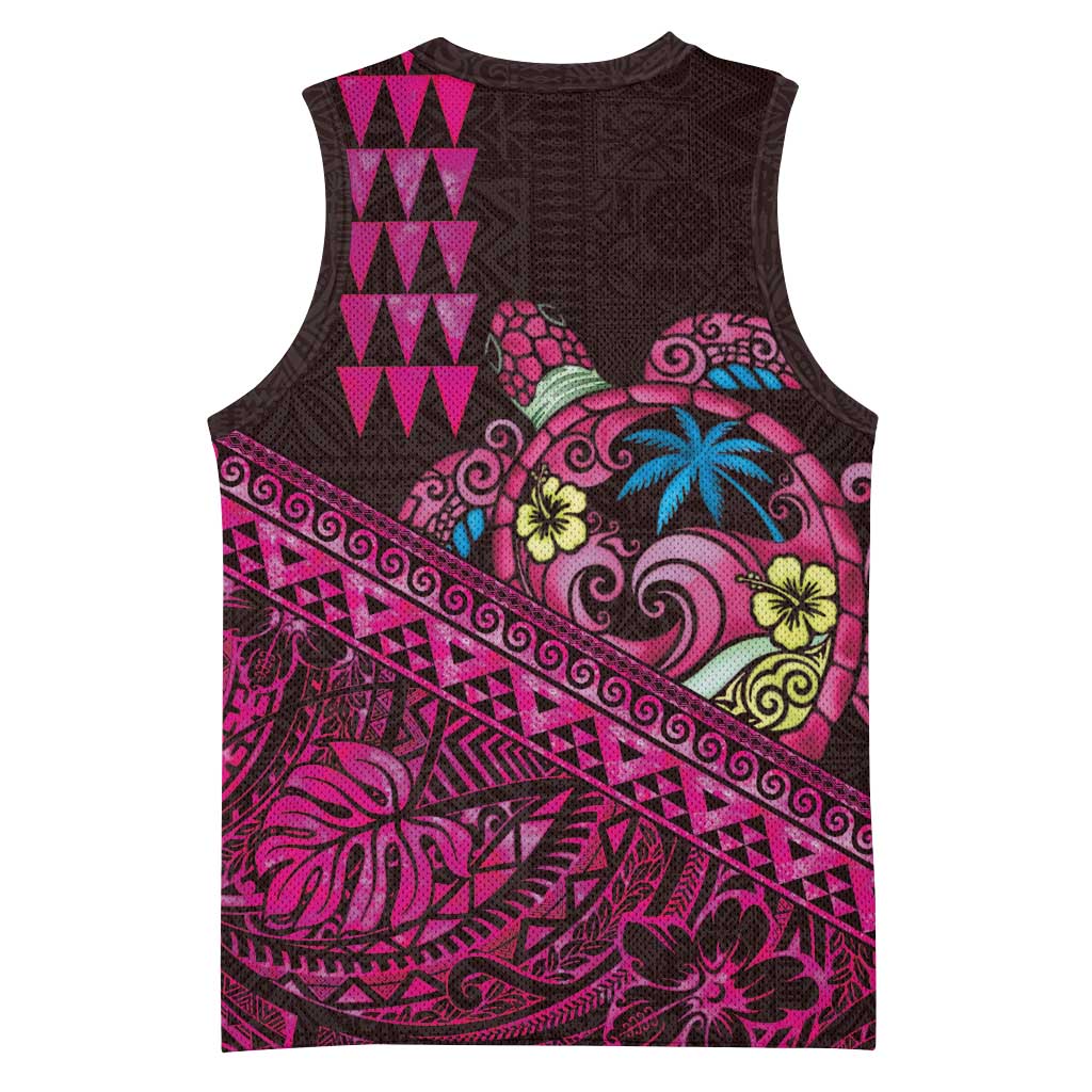 Hawaiian Abstract Sea Turtle Basketball Jersey Polynesian Tapa Art and Kakau Tattoo Pink WaterColor - Polynesian Pride