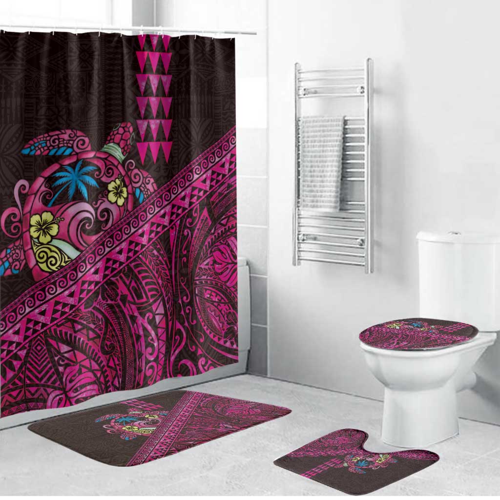 Hawaiian Abstract Sea Turtle Bathroom Set Polynesian Tapa Art and Kakau Tattoo Pink WaterColor - Polynesian Pride