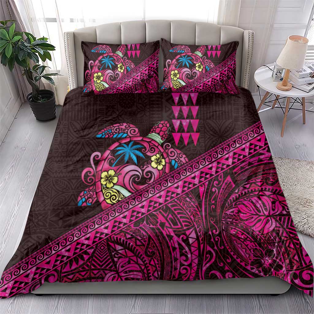 Hawaiian Abstract Sea Turtle Bedding Set Polynesian Tapa Art and Kakau Tattoo Pink WaterColor - Polynesian Pride