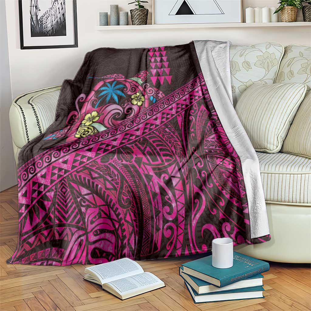 Hawaiian Abstract Sea Turtle Blanket Polynesian Tapa Art and Kakau Tattoo Pink WaterColor - Polynesian Pride
