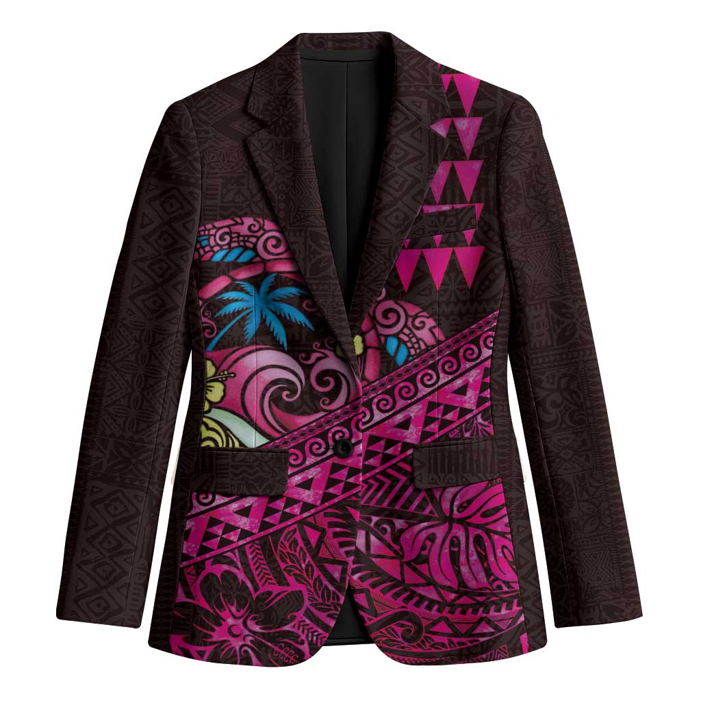 Hawaiian Abstract Sea Turtle Blazer Polynesian Tapa Art and Kakau Tattoo Pink WaterColor - Polynesian Pride