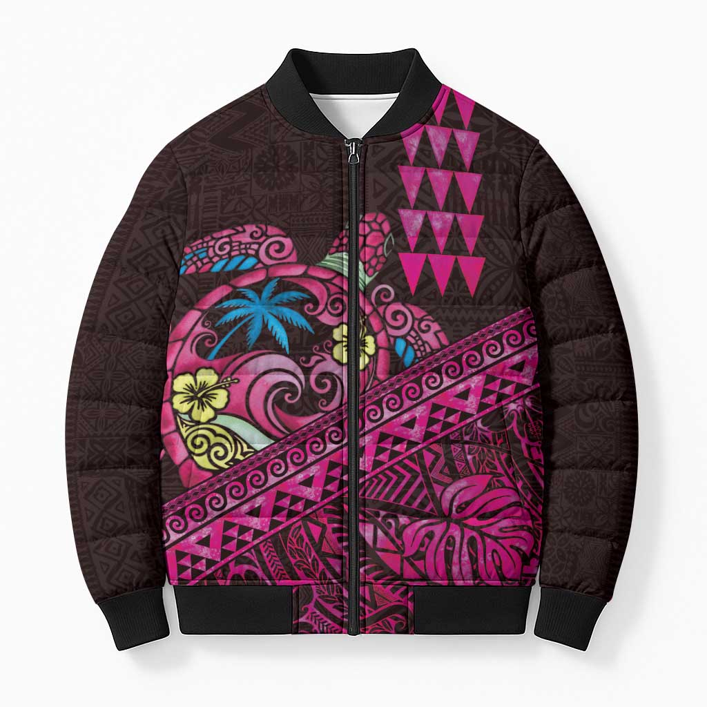 Hawaiian Abstract Sea Turtle Bomber Puffer Jacket Polynesian Tapa Art and Kakau Tattoo Pink WaterColor - Polynesian Pride