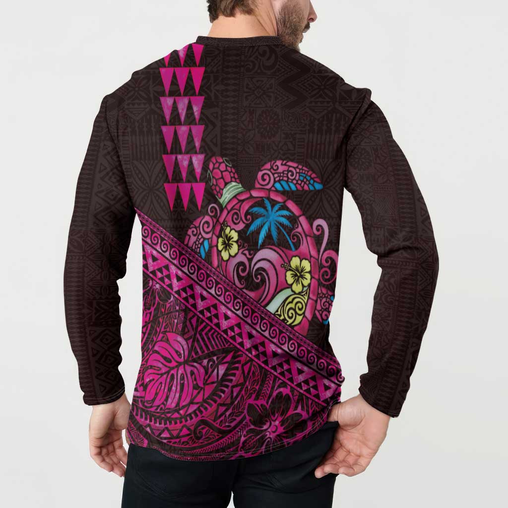 Hawaiian Abstract Sea Turtle Button Sweatshirt Polynesian Tapa Art and Kakau Tattoo Pink WaterColor - Polynesian Pride