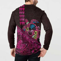 Hawaiian Abstract Sea Turtle Button Sweatshirt Polynesian Tapa Art and Kakau Tattoo Pink WaterColor - Polynesian Pride