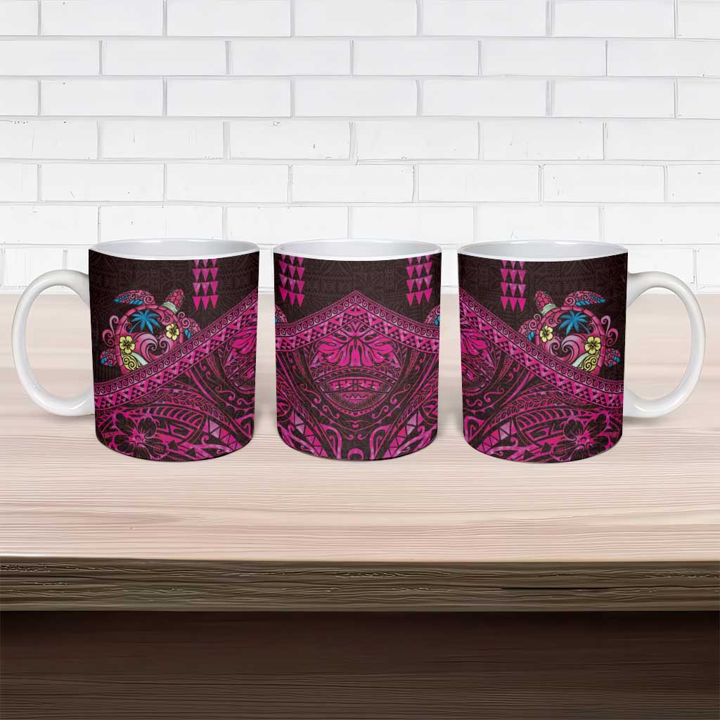 Hawaiian Abstract Sea Turtle Ceramic Mug Polynesian Tapa Art and Kakau Tattoo Pink WaterColor - Polynesian Pride