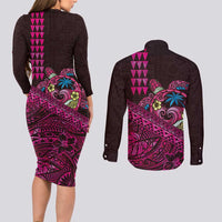Hawaiian Abstract Sea Turtle Couples Matching Long Sleeve Bodycon Dress and Long Sleeve Button Shirt Polynesian Tapa Art and Kakau Tattoo Pink WaterColor - Polynesian Pride