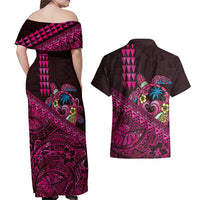 Hawaiian Abstract Sea Turtle Couples Matching Off Shoulder Maxi Dress and Hawaiian Shirt Polynesian Tapa Art and Kakau Tattoo Pink WaterColor - Polynesian Pride