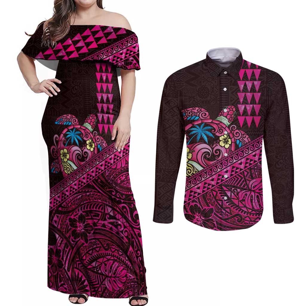 Hawaiian Abstract Sea Turtle Couples Matching Off Shoulder Maxi Dress and Long Sleeve Button Shirt Polynesian Tapa Art and Kakau Tattoo Pink WaterColor - Polynesian Pride