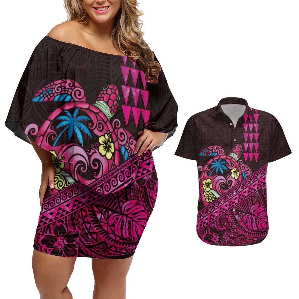 Hawaiian Abstract Sea Turtle Couples Matching Off Shoulder Short Dress and Hawaiian Shirt Polynesian Tapa Art and Kakau Tattoo Pink WaterColor - Polynesian Pride