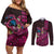 Hawaiian Abstract Sea Turtle Couples Matching Off Shoulder Short Dress and Long Sleeve Button Shirt Polynesian Tapa Art and Kakau Tattoo Pink WaterColor - Polynesian Pride