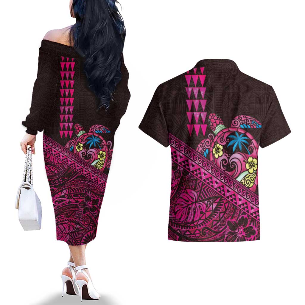 Hawaiian Abstract Sea Turtle Couples Matching Off The Shoulder Long Sleeve Dress and Hawaiian Shirt Polynesian Tapa Art and Kakau Tattoo Pink WaterColor - Polynesian Pride