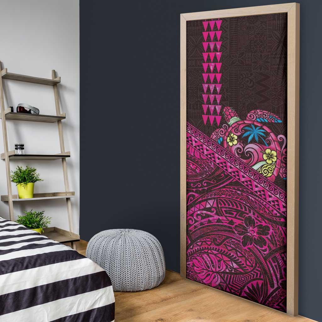 Hawaiian Abstract Sea Turtle Door Cover Polynesian Tapa Art and Kakau Tattoo Pink WaterColor - Polynesian Pride