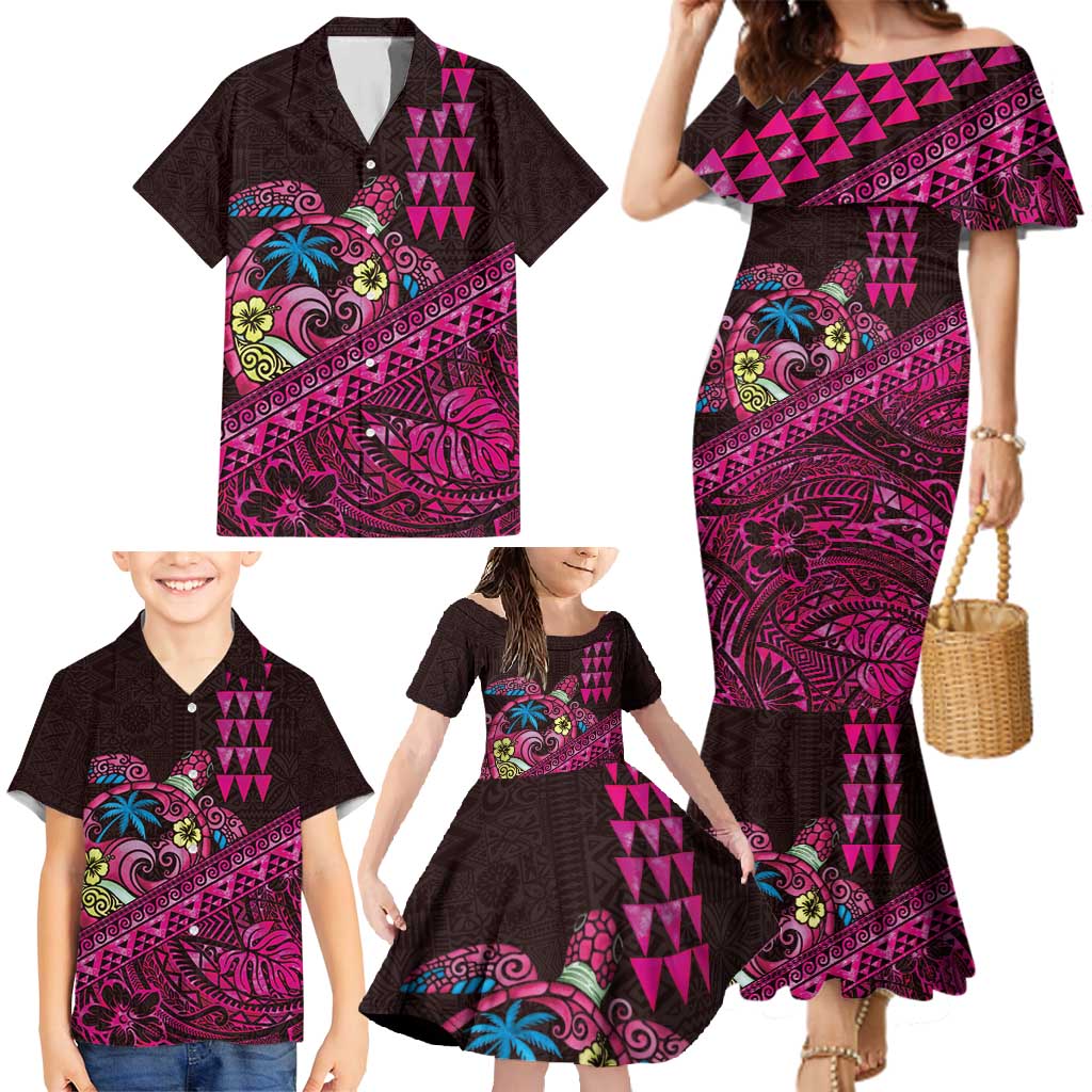 Hawaiian Abstract Sea Turtle Family Matching Mermaid Dress and Hawaiian Shirt Polynesian Tapa Art and Kakau Tattoo Pink WaterColor - Polynesian Pride