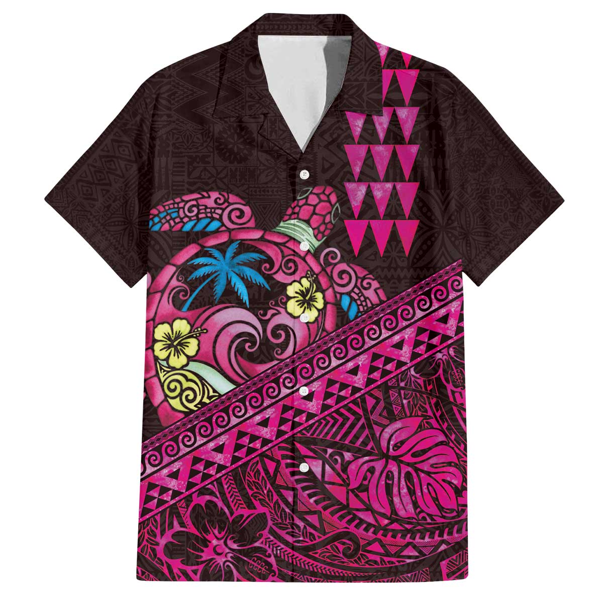 Hawaiian Abstract Sea Turtle Family Matching Off The Shoulder Long Sleeve Dress and Hawaiian Shirt Polynesian Tapa Art and Kakau Tattoo Pink WaterColor - Polynesian Pride