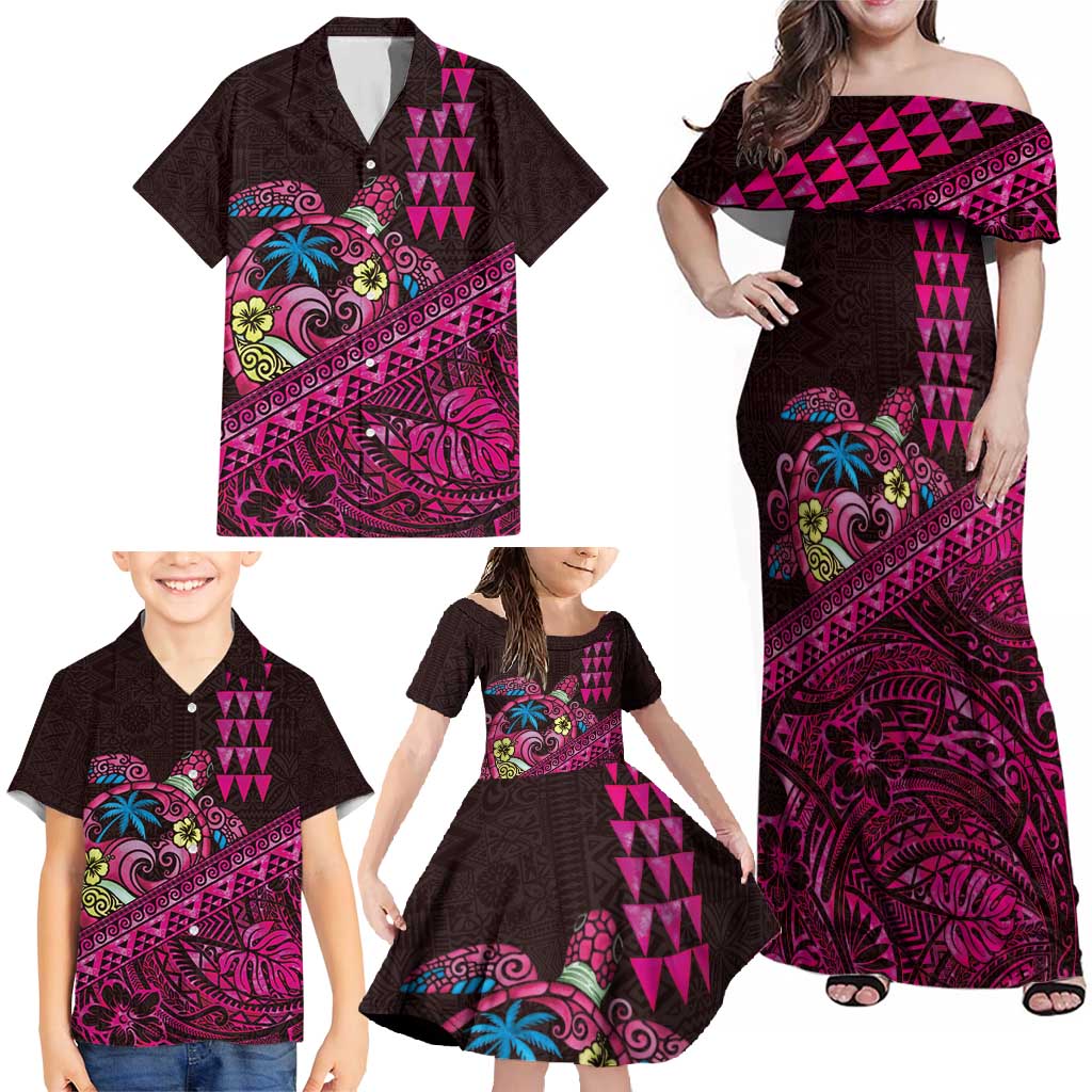 Hawaiian Abstract Sea Turtle Family Matching Off Shoulder Maxi Dress and Hawaiian Shirt Polynesian Tapa Art and Kakau Tattoo Pink WaterColor - Polynesian Pride
