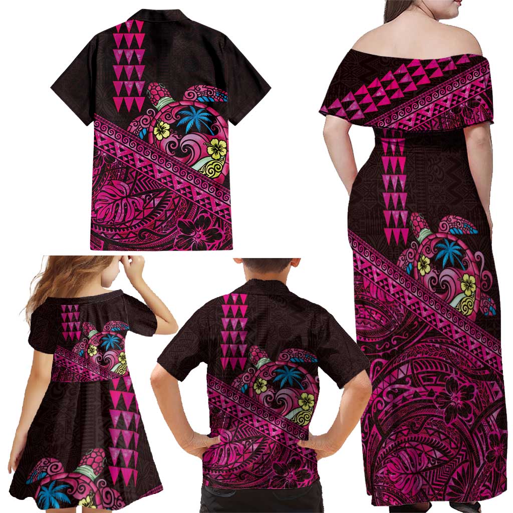 Hawaiian Abstract Sea Turtle Family Matching Off Shoulder Maxi Dress and Hawaiian Shirt Polynesian Tapa Art and Kakau Tattoo Pink WaterColor - Polynesian Pride