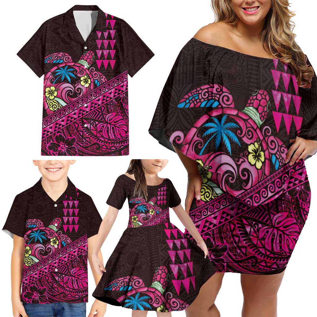 Hawaiian Abstract Sea Turtle Family Matching Off Shoulder Short Dress and Hawaiian Shirt Polynesian Tapa Art and Kakau Tattoo Pink WaterColor - Polynesian Pride