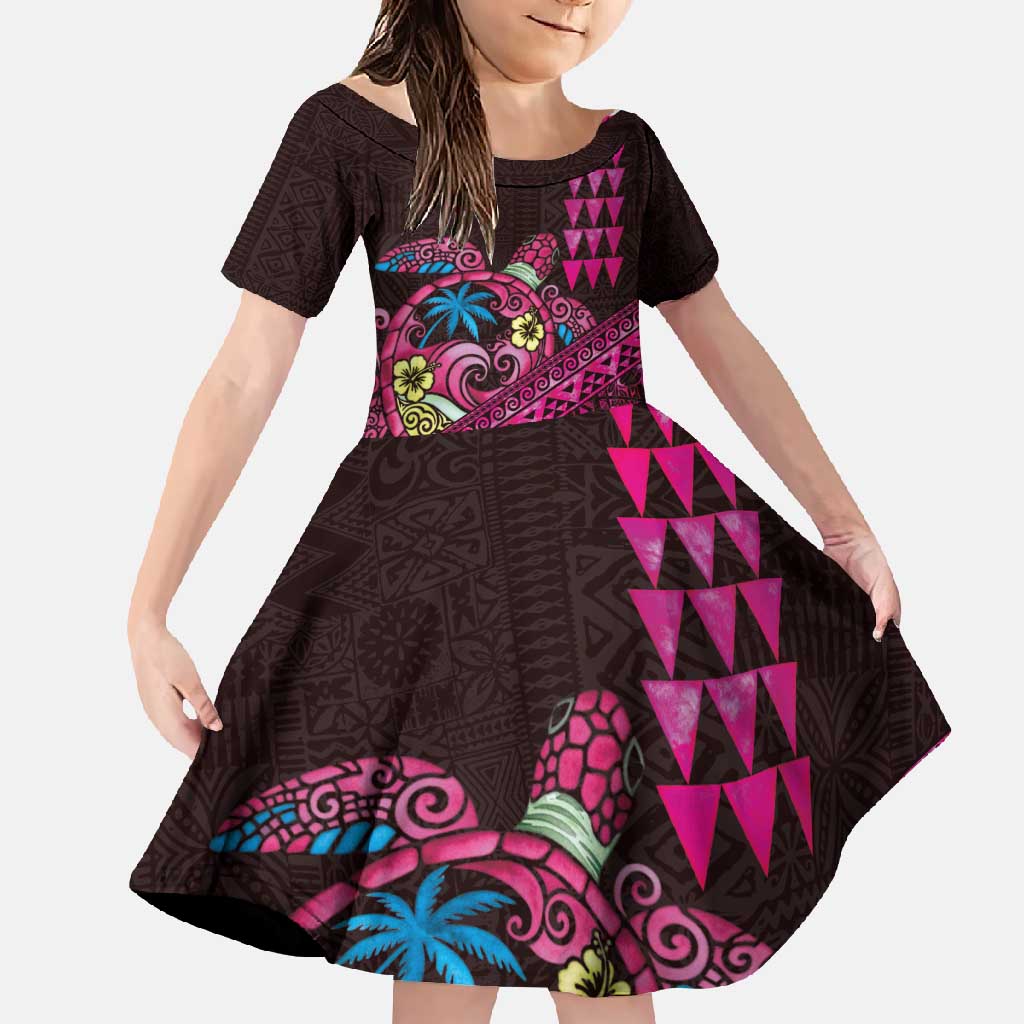 Hawaiian Abstract Sea Turtle Family Matching Summer Maxi Dress and Hawaiian Shirt Polynesian Tapa Art and Kakau Tattoo Pink WaterColor - Polynesian Pride
