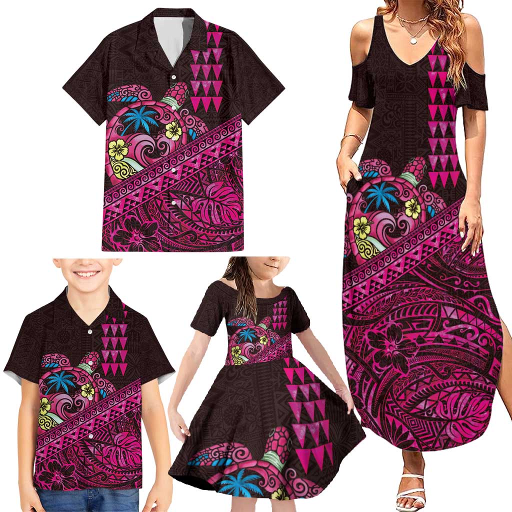 Hawaiian Abstract Sea Turtle Family Matching Summer Maxi Dress and Hawaiian Shirt Polynesian Tapa Art and Kakau Tattoo Pink WaterColor - Polynesian Pride