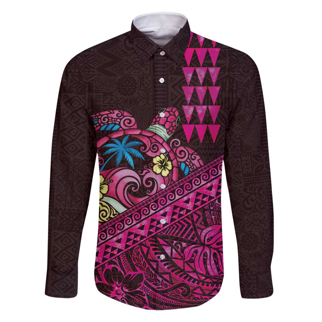 Hawaiian Abstract Sea Turtle Family Matching Summer Maxi Dress and Hawaiian Shirt Polynesian Tapa Art and Kakau Tattoo Pink WaterColor - Polynesian Pride