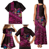 Hawaiian Abstract Sea Turtle Family Matching Tank Maxi Dress and Hawaiian Shirt Polynesian Tapa Art and Kakau Tattoo Pink WaterColor - Polynesian Pride