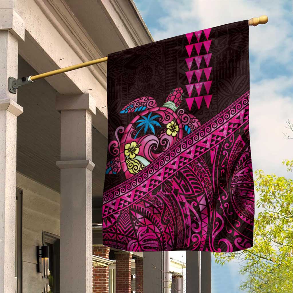 Hawaiian Abstract Sea Turtle Garden Flag Polynesian Tapa Art and Kakau Tattoo Pink WaterColor - Polynesian Pride