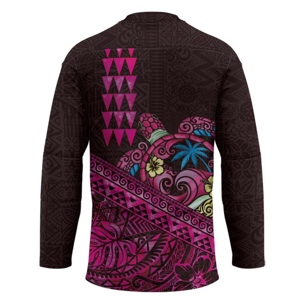 Hawaiian Abstract Sea Turtle Hockey Jersey Polynesian Tapa Art and Kakau Tattoo Pink WaterColor - Polynesian Pride