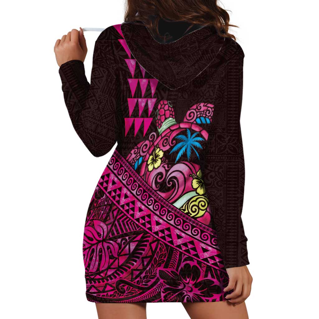 Hawaiian Abstract Sea Turtle Hoodie Dress Polynesian Tapa Art and Kakau Tattoo Pink WaterColor - Polynesian Pride