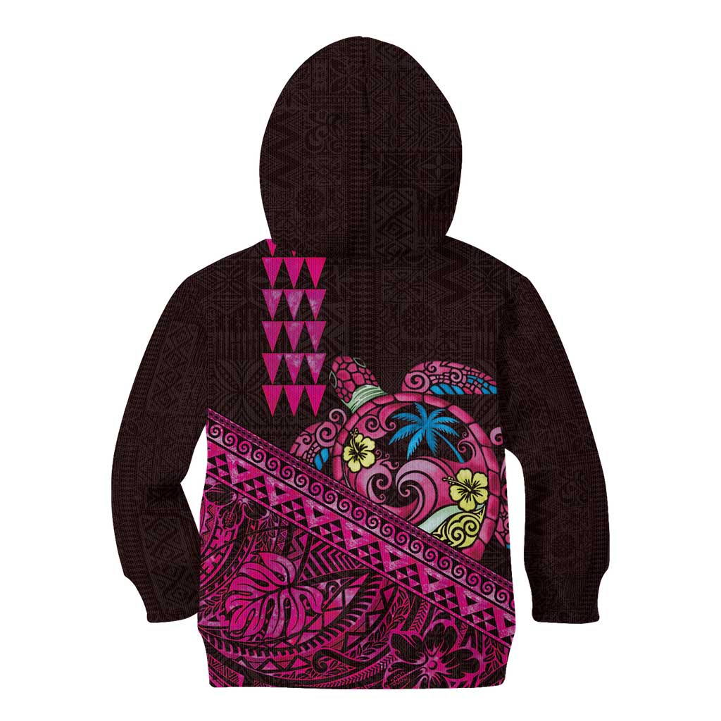Hawaiian Abstract Sea Turtle Kid Hoodie Polynesian Tapa Art and Kakau Tattoo Pink WaterColor - Polynesian Pride