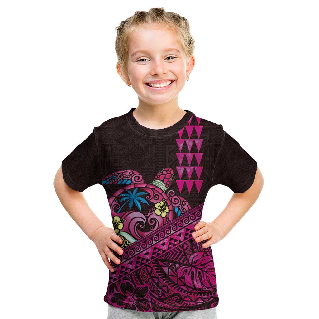 Hawaiian Abstract Sea Turtle Kid T Shirt Polynesian Tapa Art and Kakau Tattoo Pink WaterColor - Polynesian Pride
