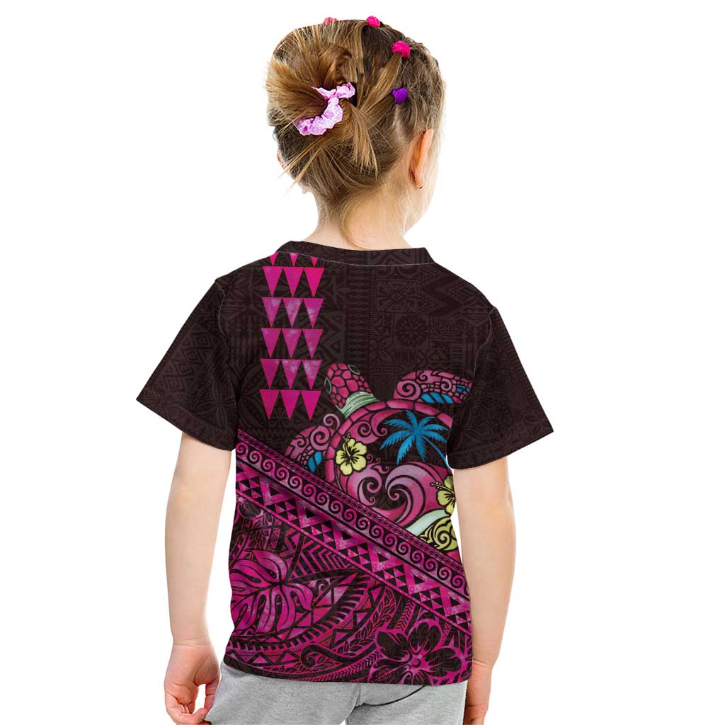 Hawaiian Abstract Sea Turtle Kid T Shirt Polynesian Tapa Art and Kakau Tattoo Pink WaterColor - Polynesian Pride