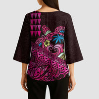 Hawaiian Abstract Sea Turtle Kimono Sleeve Blouse Polynesian Tapa Art and Kakau Tattoo Pink WaterColor - Polynesian Pride