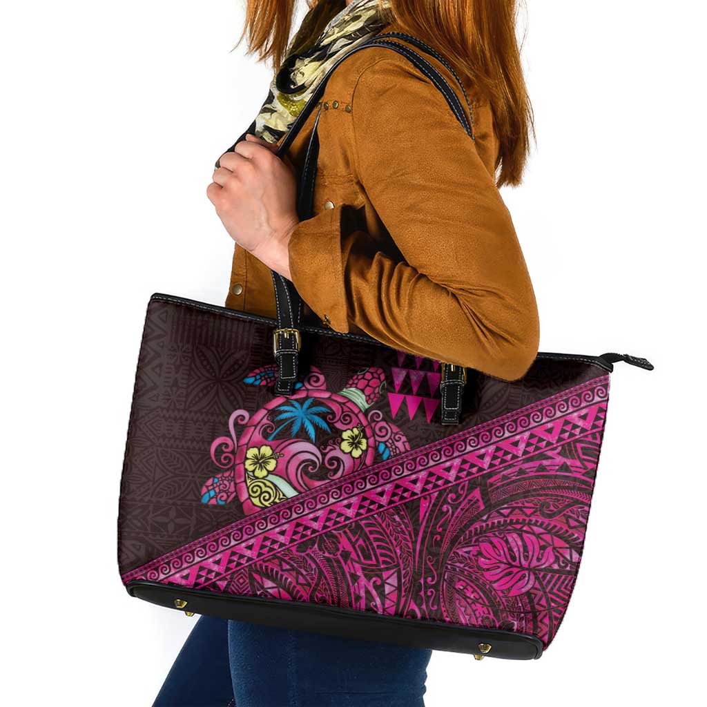 Hawaiian Abstract Sea Turtle Leather Tote Bag Polynesian Tapa Art and Kakau Tattoo Pink WaterColor - Polynesian Pride
