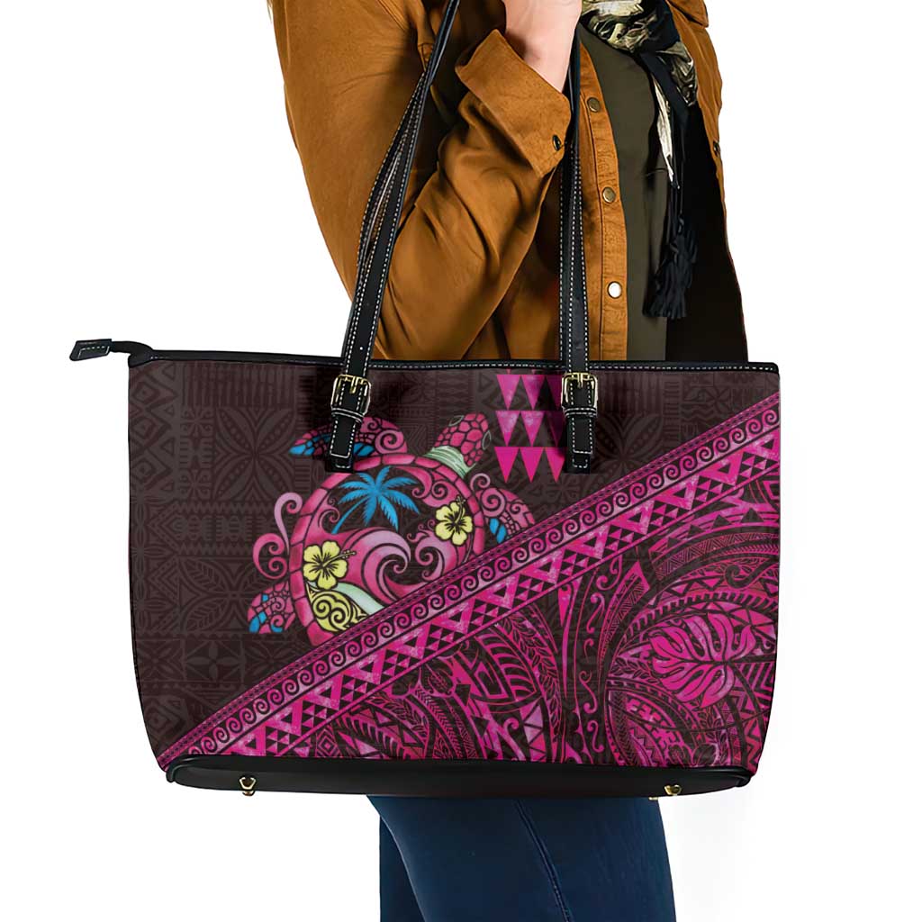 Hawaiian Abstract Sea Turtle Leather Tote Bag Polynesian Tapa Art and Kakau Tattoo Pink WaterColor - Polynesian Pride