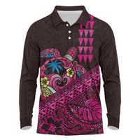 Hawaiian Abstract Sea Turtle Long Sleeve Polo Shirt Polynesian Tapa Art and Kakau Tattoo Pink WaterColor - Polynesian Pride
