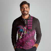 Hawaiian Abstract Sea Turtle Long Sleeve Polo Shirt Polynesian Tapa Art and Kakau Tattoo Pink WaterColor - Polynesian Pride