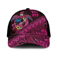 Hawaiian Abstract Sea Turtle Mesh Trucker Cap Polynesian Tapa Art and Kakau Tattoo Pink WaterColor - Polynesian Pride
