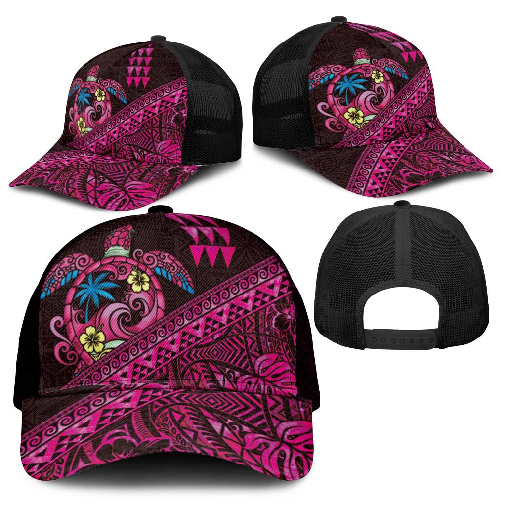Hawaiian Abstract Sea Turtle Mesh Trucker Cap Polynesian Tapa Art and Kakau Tattoo Pink WaterColor - Polynesian Pride