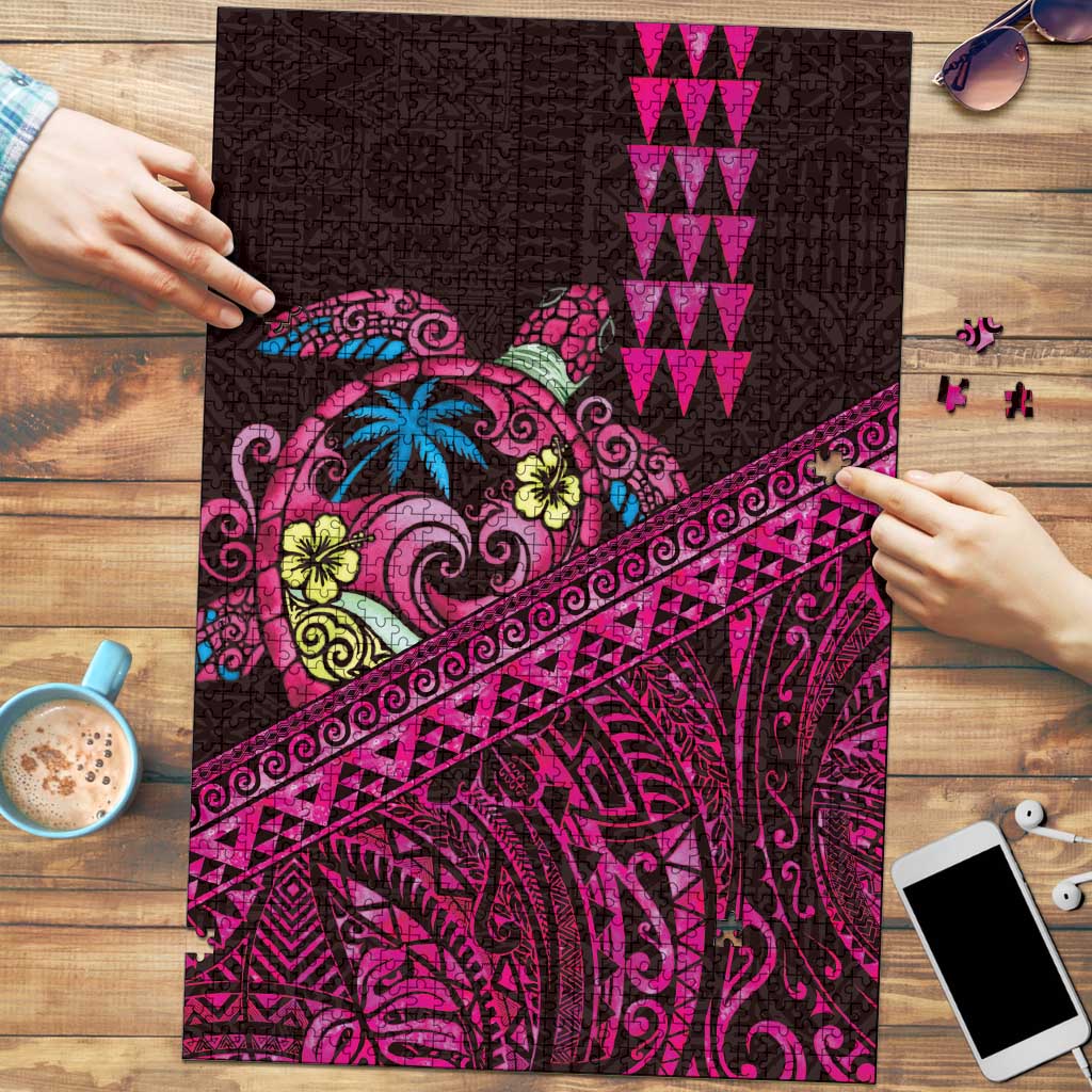 Hawaiian Abstract Sea Turtle Puzzle Polynesian Tapa Art and Kakau Tattoo Pink WaterColor - Polynesian Pride