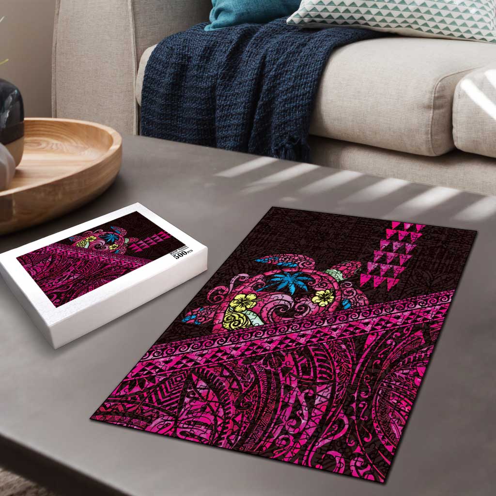 Hawaiian Abstract Sea Turtle Puzzle Polynesian Tapa Art and Kakau Tattoo Pink WaterColor - Polynesian Pride