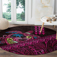Hawaiian Abstract Sea Turtle Round Carpet Polynesian Tapa Art and Kakau Tattoo Pink WaterColor - Polynesian Pride