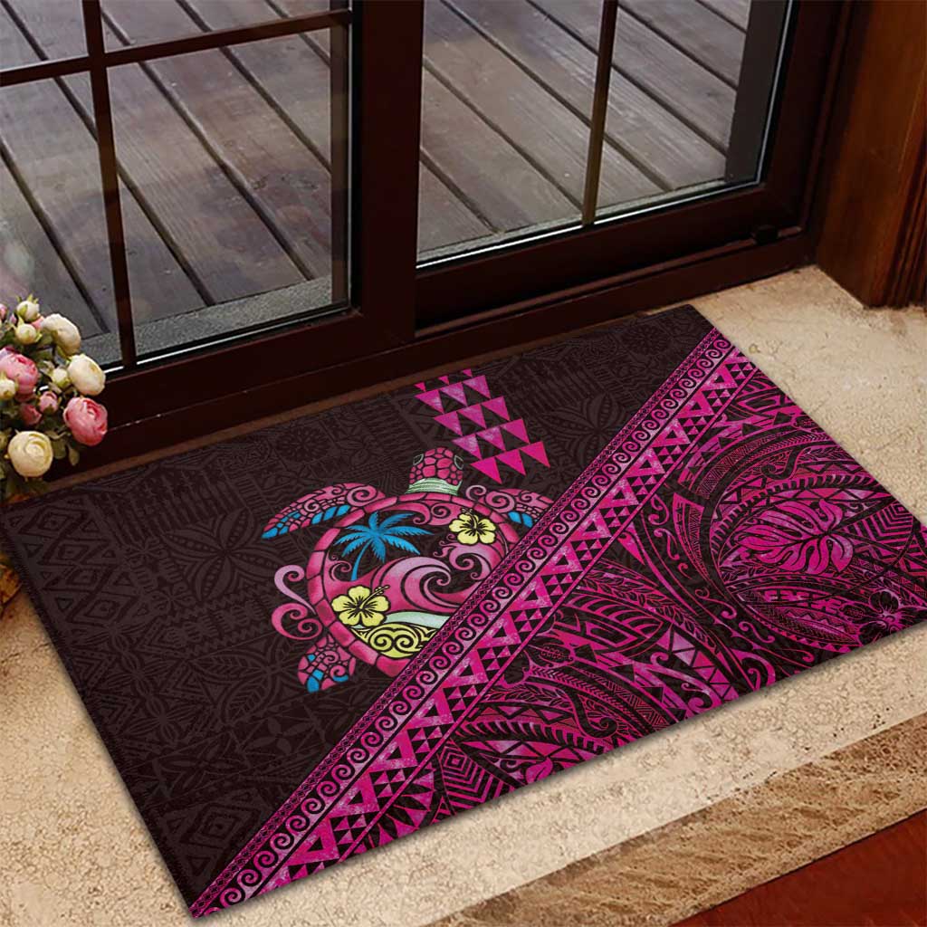 Hawaiian Abstract Sea Turtle Rubber Doormat Polynesian Tapa Art and Kakau Tattoo Pink WaterColor - Polynesian Pride