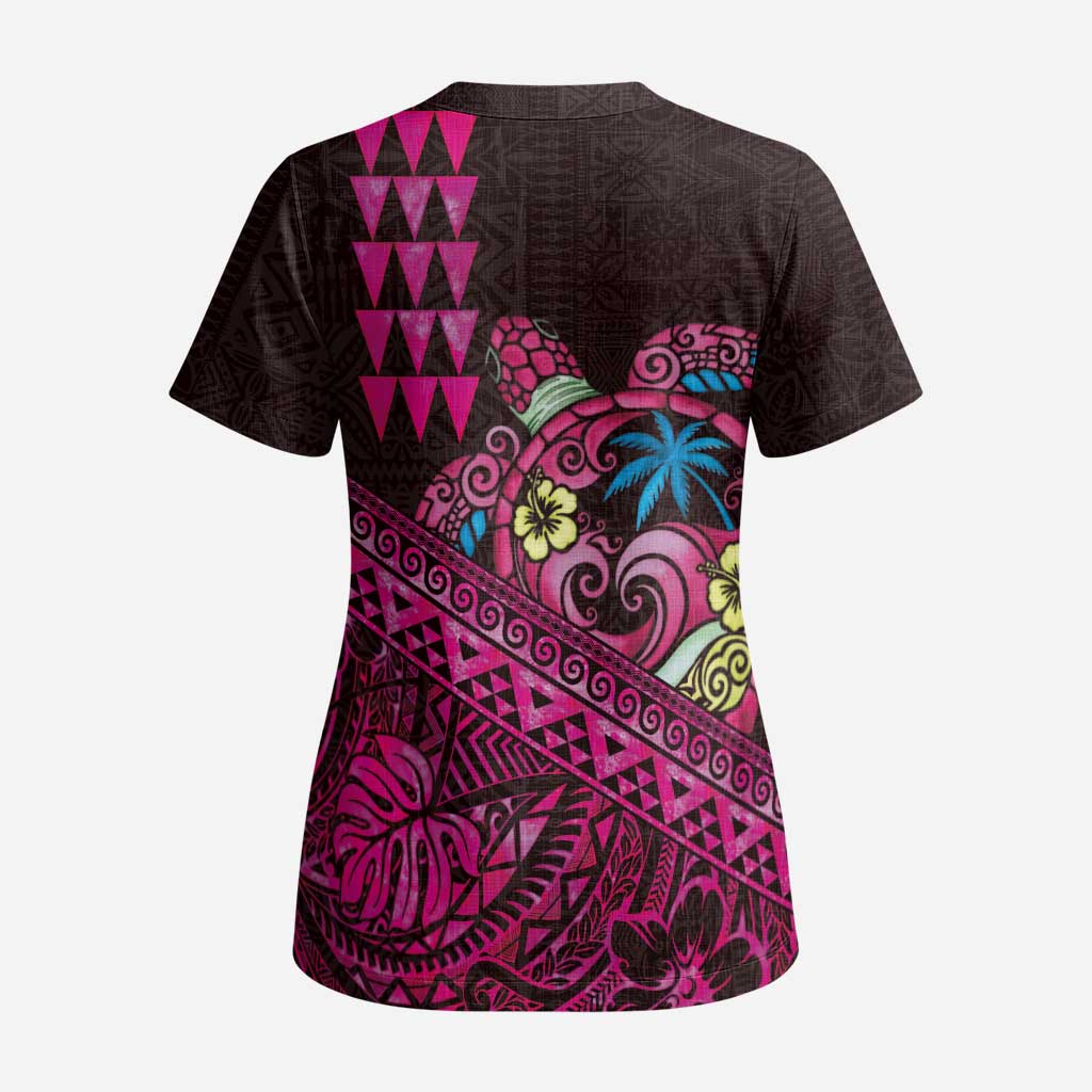 Hawaiian Abstract Sea Turtle Scrub Top Polynesian Tapa Art and Kakau Tattoo Pink WaterColor - Polynesian Pride