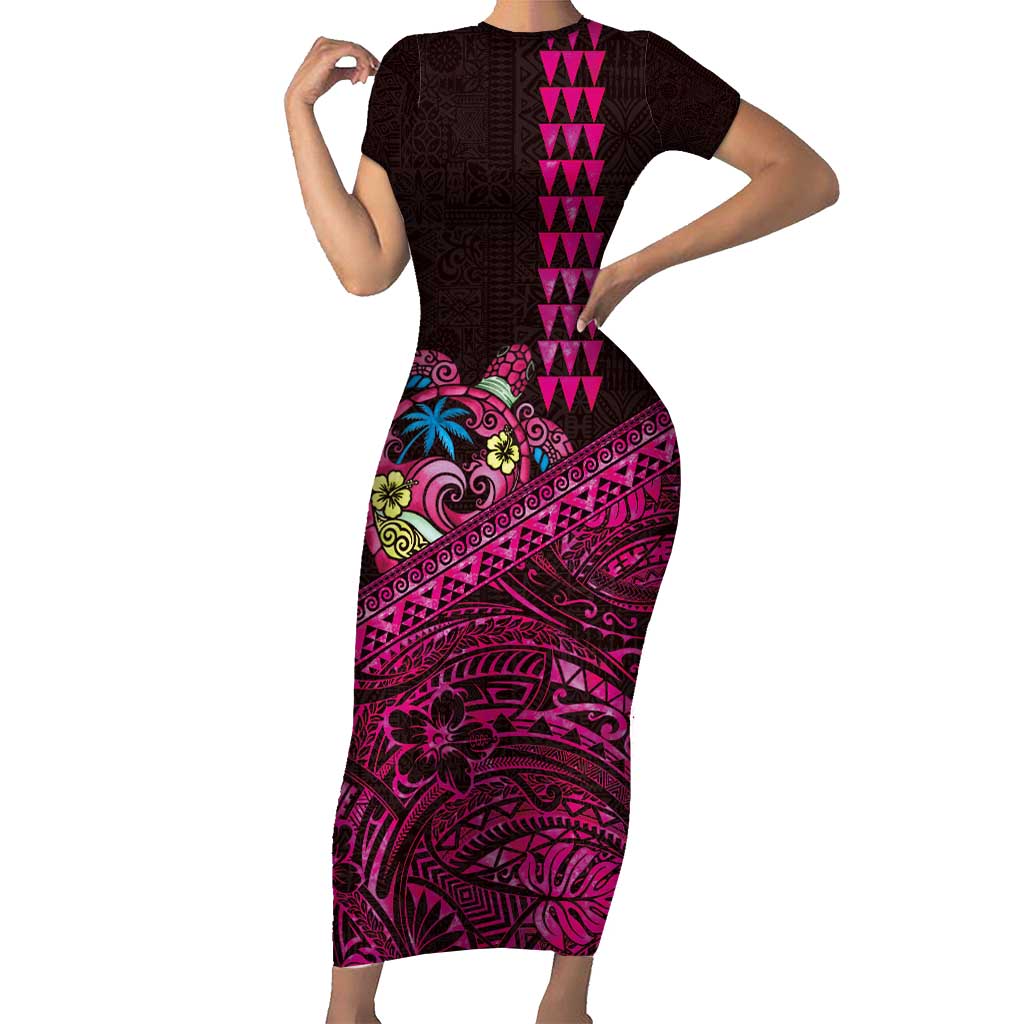 Hawaiian Abstract Sea Turtle Short Sleeve Bodycon Dress Polynesian Tapa Art and Kakau Tattoo Pink WaterColor - Polynesian Pride