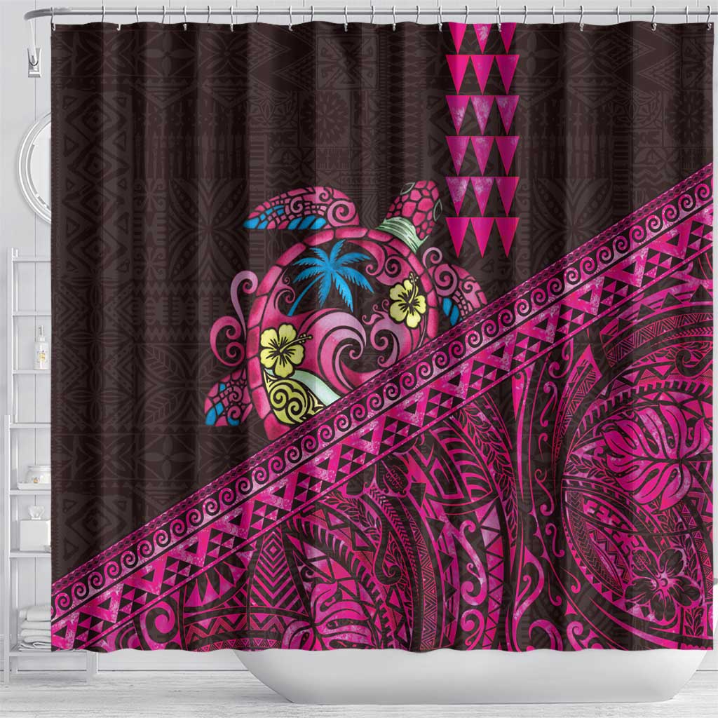 Hawaiian Abstract Sea Turtle Shower Curtain Polynesian Tapa Art and Kakau Tattoo Pink WaterColor - Polynesian Pride
