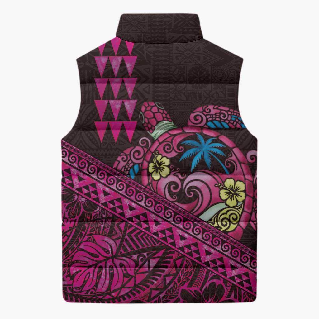 Hawaiian Abstract Sea Turtle Sleeveless Puffer Jacket Polynesian Tapa Art and Kakau Tattoo Pink WaterColor - Polynesian Pride